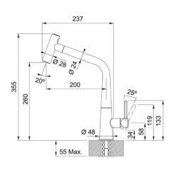 Franke Icon Pull Out Double Jet Shower Kitchen Tap - Matt Black - 115.0625.190 -Kitchen Series Shop 1 1 115.0625.190 dimensions