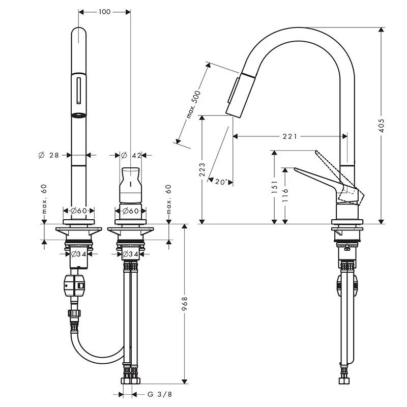 AXOR Citterio M Single Lever Kitchen Mixer Tap 220 With Pull Out Spray 2TH - Brushed Red Gold - 34822310 AXOR Citterio M Single Lever Kitchen Mixer Tap 220 With Pull Out Spray 2TH - Brushed Red Gold - 34822310 -Kitchen Series Shop 34822310 dimensions 1