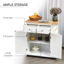 HOMCOM Rubberwood Top Rolling Kitchen Island - White - 801-163 -Kitchen Series Shop 9fqb1017ed34cda2b.jpg