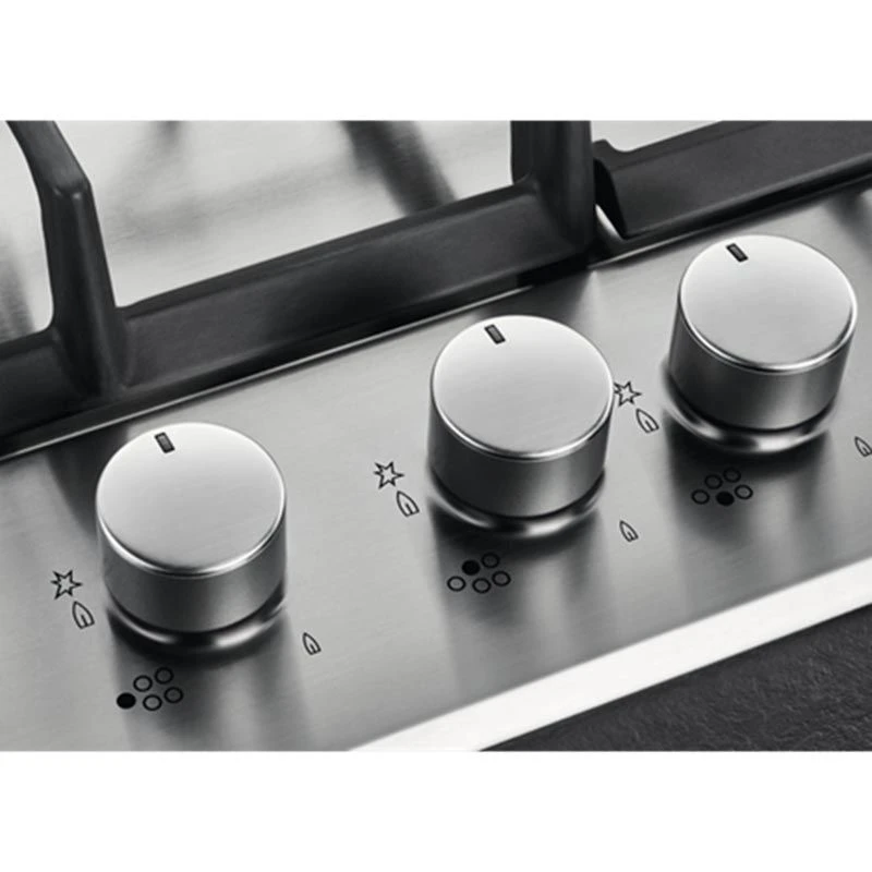 AEG HGB75400SM 75cm Gas Hob - Stainless Steel AEG HGB75400SM 75cm Gas Hob - Stainless Steel -Kitchen Series Shop aed hgb75400sm gas dials functions close up view