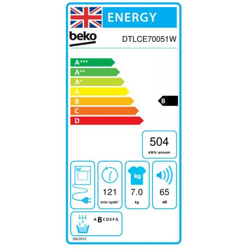 Beko DTLCE70051W Freestanding 7kg Condenser Tumble Dryer - White Beko DTLCE70051W Freestanding 7kg Condenser Tumble Dryer - White -Kitchen Series Shop b e beko dtlce70051w energy label