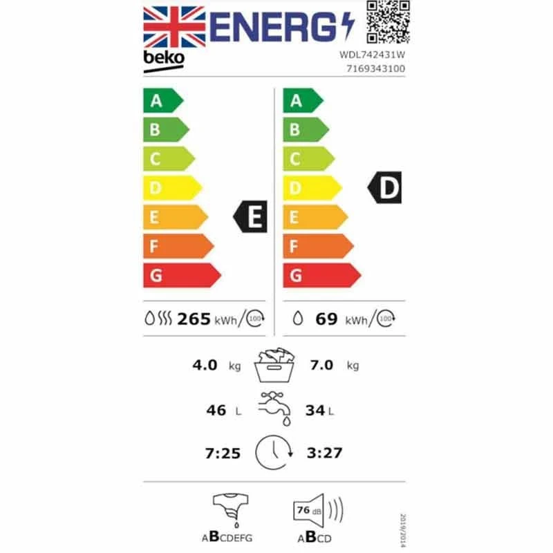 Beko WDL742431W Freestanding 7kg/4kg 1200rpm Washer Dryer - White Beko WDL742431W Freestanding 7kg/4kg 1200rpm Washer Dryer - White -Kitchen Series Shop b e beko wdl742431w energy label