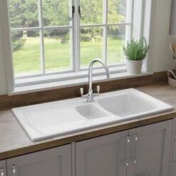 Rangemaster Tenby 1.5 Bowl Fire Clay Ceramic Kitchen Sink - White - CTE10102WH/ -Kitchen Series Shop cte10102wh lifestyle1