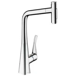 Hansgrohe Metris Select M71 Single Lever Kitchen Mixer Tap 320 With Pull-Out Spray & Sbox 2 Spray Modes - Chrome - 73816000