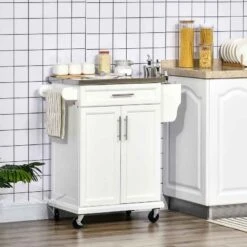 HOMCOM Wooden Freestanding Kitchen Island On Wheels - White - 801-055V01WT