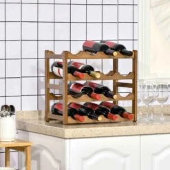 HOMCOM Freestanding Bamboo Wine Rack For 16 Bottles - Brown - 801-269V00BN