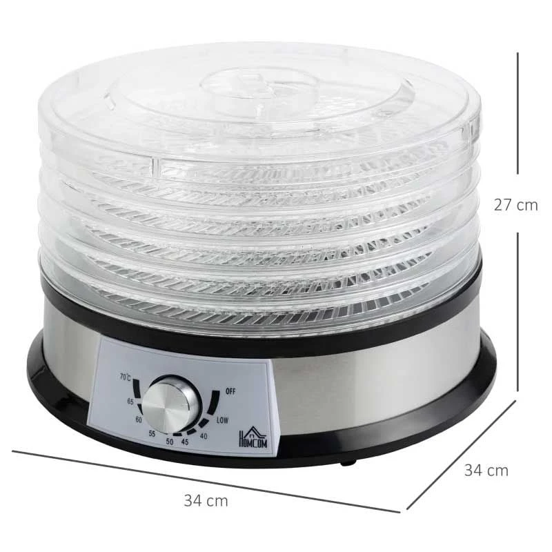 HOMCOM 250W 5 Tier Food Dehydrator - Silver - 800-145V70 HOMCOM 250W 5 Tier Food Dehydrator - Silver - 800-145V70 -Kitchen Series Shop homcom 800145v70 dimensions