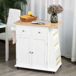 HOMCOM Rubberwood Top Rolling Kitchen Island - White - 801-163 -Kitchen Series Shop mjk6ff17ed34cda2b.jpg