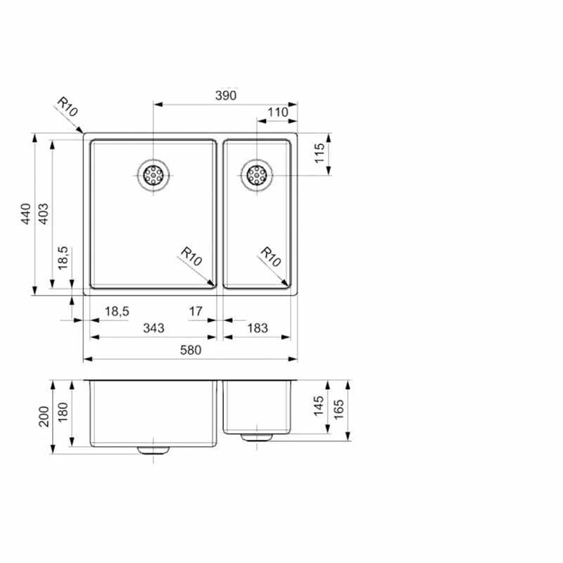 Reginox New York 1.5 Bowl Integrated Sink - NEW YORK 34X40+18X40 Reginox New York 1.5 Bowl Integrated Sink - NEW YORK 34X40+18X40 -Kitchen Series Shop n e newyork34x4018x40 dimensions