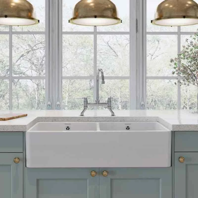 Rangemaster Farmhouse Belfast Ceramic 2 Bowl Sink 895x460mm - White - CFBL900WH/ Rangemaster Farmhouse Belfast Ceramic 2 Bowl Sink 895x460mm - White - CFBL900WH/ -Kitchen Series Shop r a rangemaster cfbl900wh lifestyle1