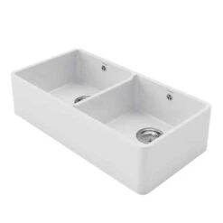 Rangemaster Farmhouse Belfast Ceramic 2 Bowl Sink 895x460mm - White - CFBL900WH/ 4 Rangemaster Farmhouse Belfast Ceramic 2 Bowl Sink 895x460mm - White - CFBL900WH/ -Kitchen Series Shop r a rangemaster cfbl900wh side view