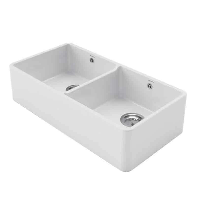 Rangemaster Farmhouse Belfast Ceramic 2 Bowl Sink 895x460mm - White - CFBL900WH/ Rangemaster Farmhouse Belfast Ceramic 2 Bowl Sink 895x460mm - White - CFBL900WH/ -Kitchen Series Shop r a rangemaster cfbl900wh side view