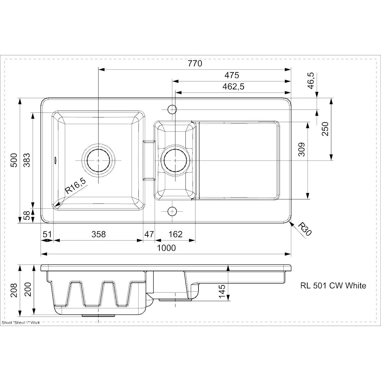 Reginox Regi-Ceramic 1.5 Bowl Kitchen Sink - White - RL 501 CW Reginox Regi-Ceramic 1.5 Bowl Kitchen Sink - White - RL 501 CW -Kitchen Series Shop rl501cw dimensions